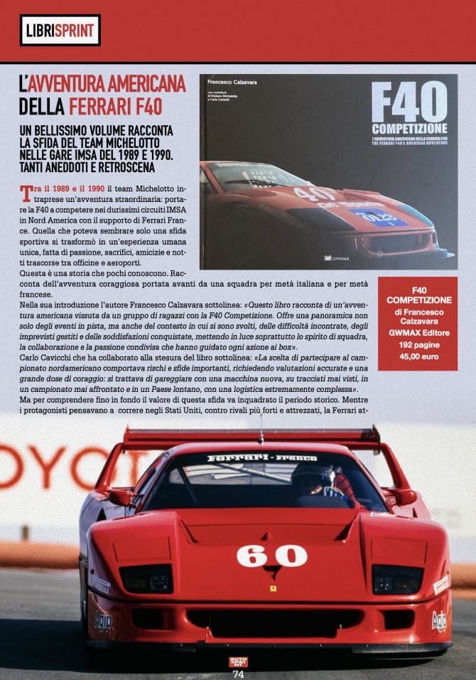 Pagina della rivista Autosprint con recensione del libro F40 Competizione e foto della Ferrari F40
