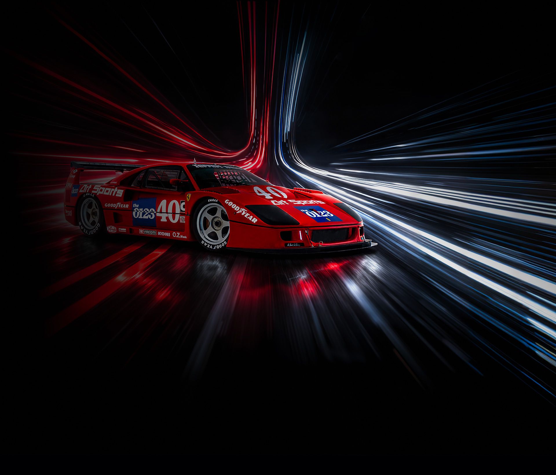 Ferrari F40 Competizione numero 40 Art Sports con scie luminose rosse e bianche su sfondo nero